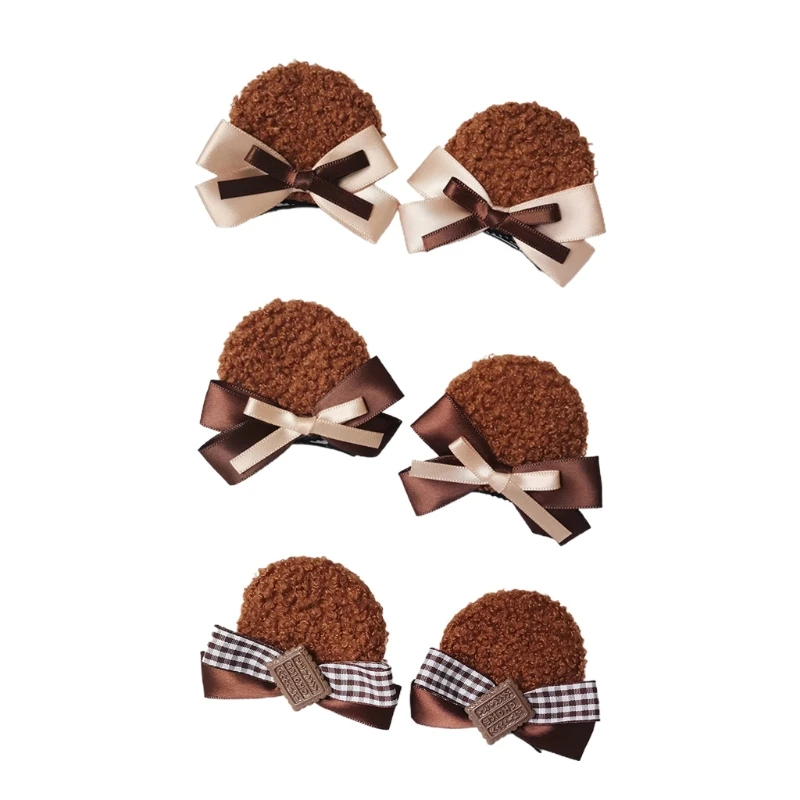 652F 2x Faux Fur Ears Clip Barrette Bowknot Biscuit Hair Accessories Handmade for Halloween Christmas Fancy Party Costume Toy