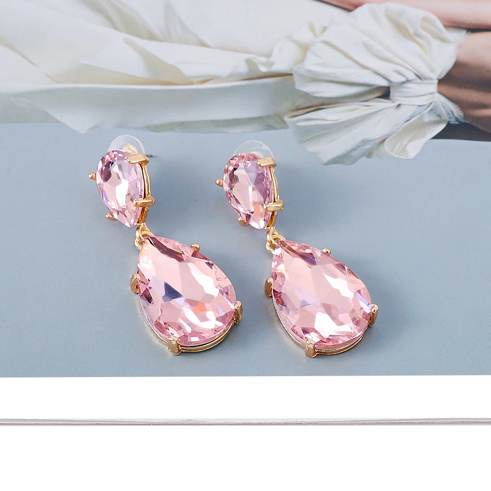 New Pink Rhinestone Waterdrop Dangle Earrings Female ​Crystal Tear Drop Earring for Women Christmas Jewelry Trend Gift