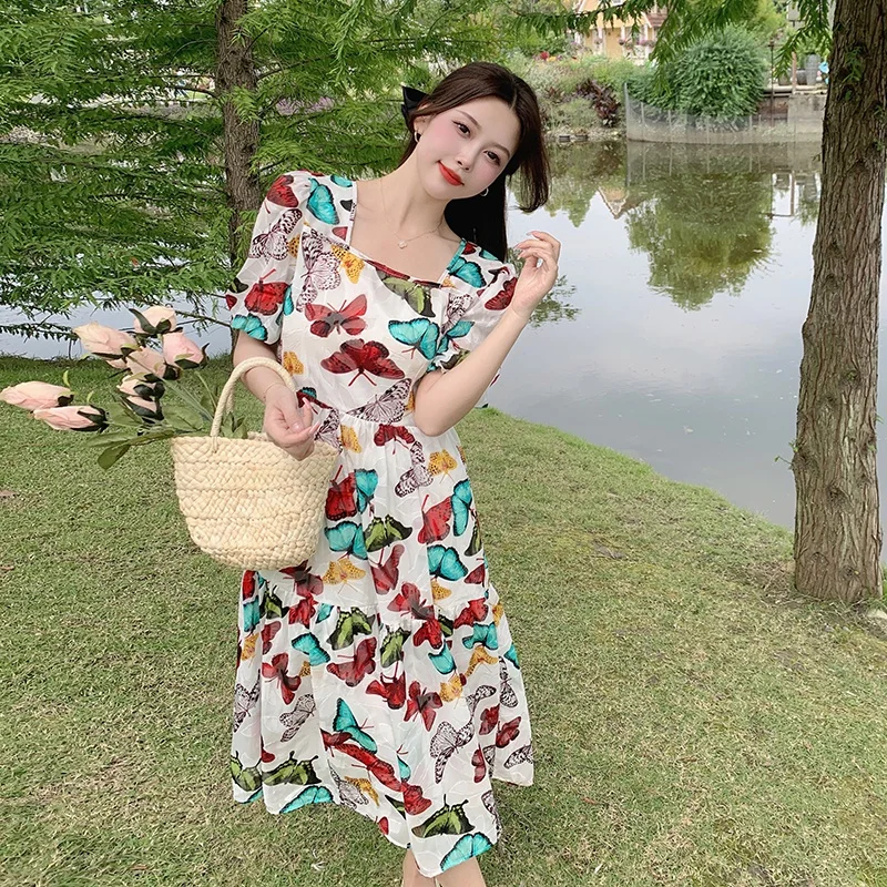 

Women 2022 Floral Print Vacation Party Dress Short Sleeve Square Collar Midi Long Dresses Summer Butterfly Robe Female Clothes