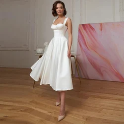 Customized Simple Evening Dresses Spaghetti Straps Prom Party Dress White Tea-Length Bridal Gowns Lace-Up Back AE0815