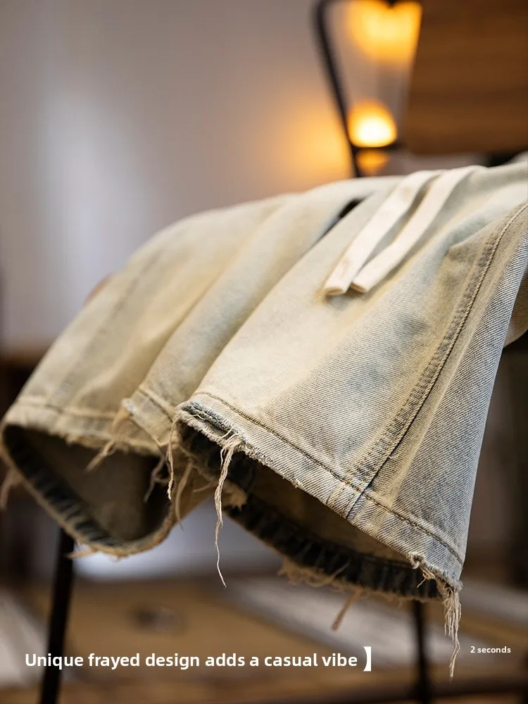 Retro American Washed Denim Shorts Men Summer New Loose Straight Five-Quarter Casual Mid-Length Cotton Jeans Shorts