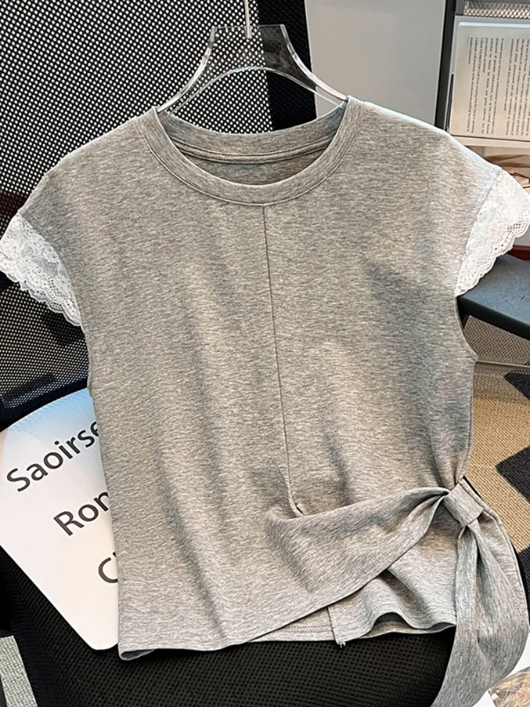 Lace Splice ort Sve T-shirt Dames Zomer Design Sense Gestreepte Bot ort Sle Koreaanse versie Slim Fit ronde Ne Top