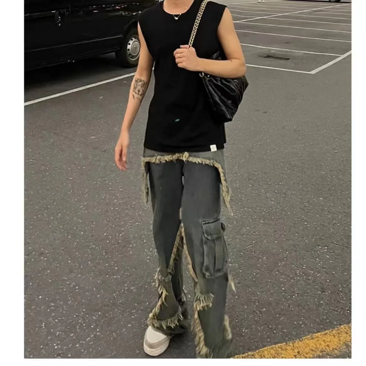 2023 New Vintage High Street Personality Dark Jeans Men's and Women's VIBE American Pentagon Raw Edge Star Wide Leg Pants