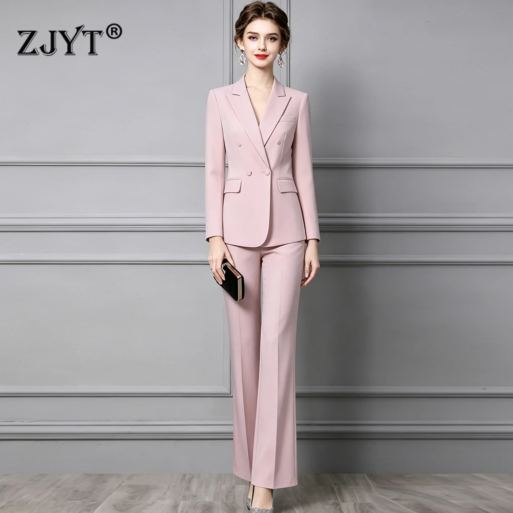 ZJYT Elegant Chic Business Formal Blazer Suit Pants Set 2 Piece Womens Outfit Autumn Fashion Pink Jacket Coat Trousers Work Wear
