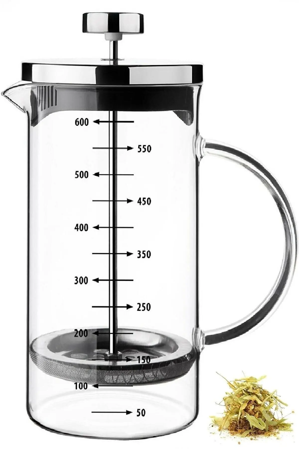 French Press Herbal Tea Infuser Filter Coffee Fireproof Teapot Borosilicate Glass Measuring Cup 600 ml Multi-Purpose