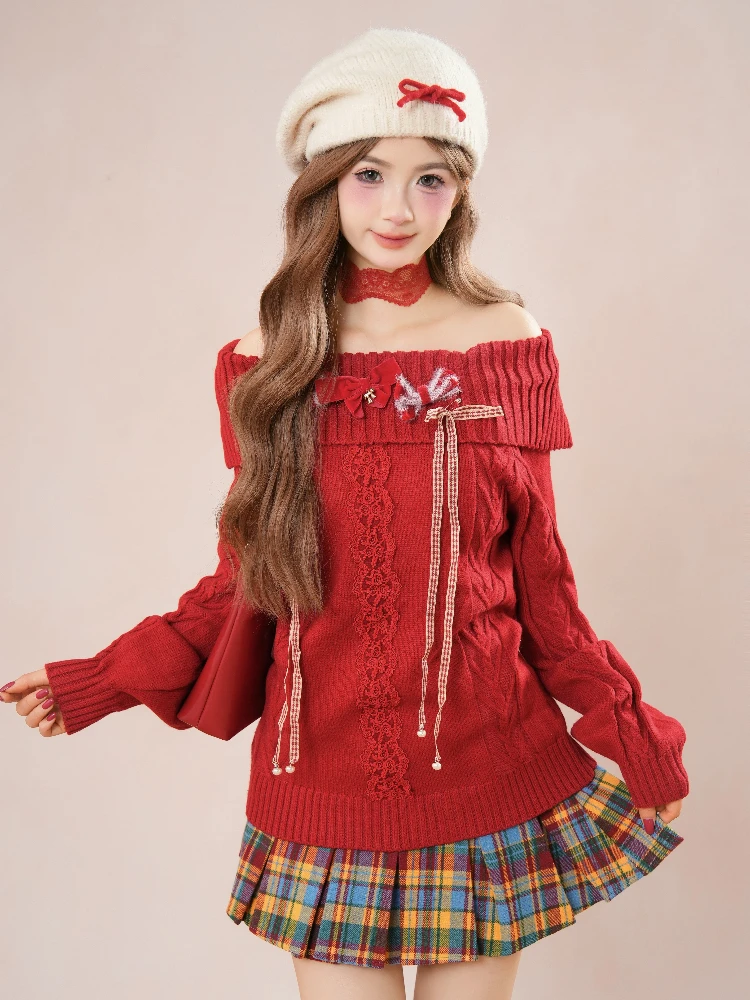 Mode Weihnachten Rot Off Schulter Bogen Stricken Pullover + Plaid Falten Rock Zwei Stück Set Frauen Winter Süße Adrette Outfit