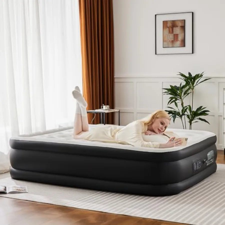 Queen air mattress for home or camping, PVC material, gray, 660 lbs weight capacity with double height and non-slip bottom desi