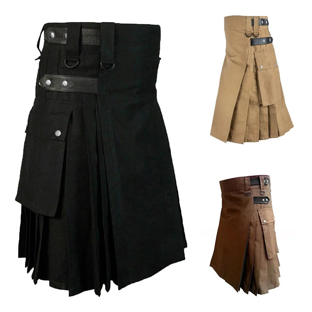 

Black Pleated Skirt Men Pleated Skirt Fashion Cool Pocket Kilts Black Gothic Kilt Vintage Cargo Kilt War Dance Sweatpant