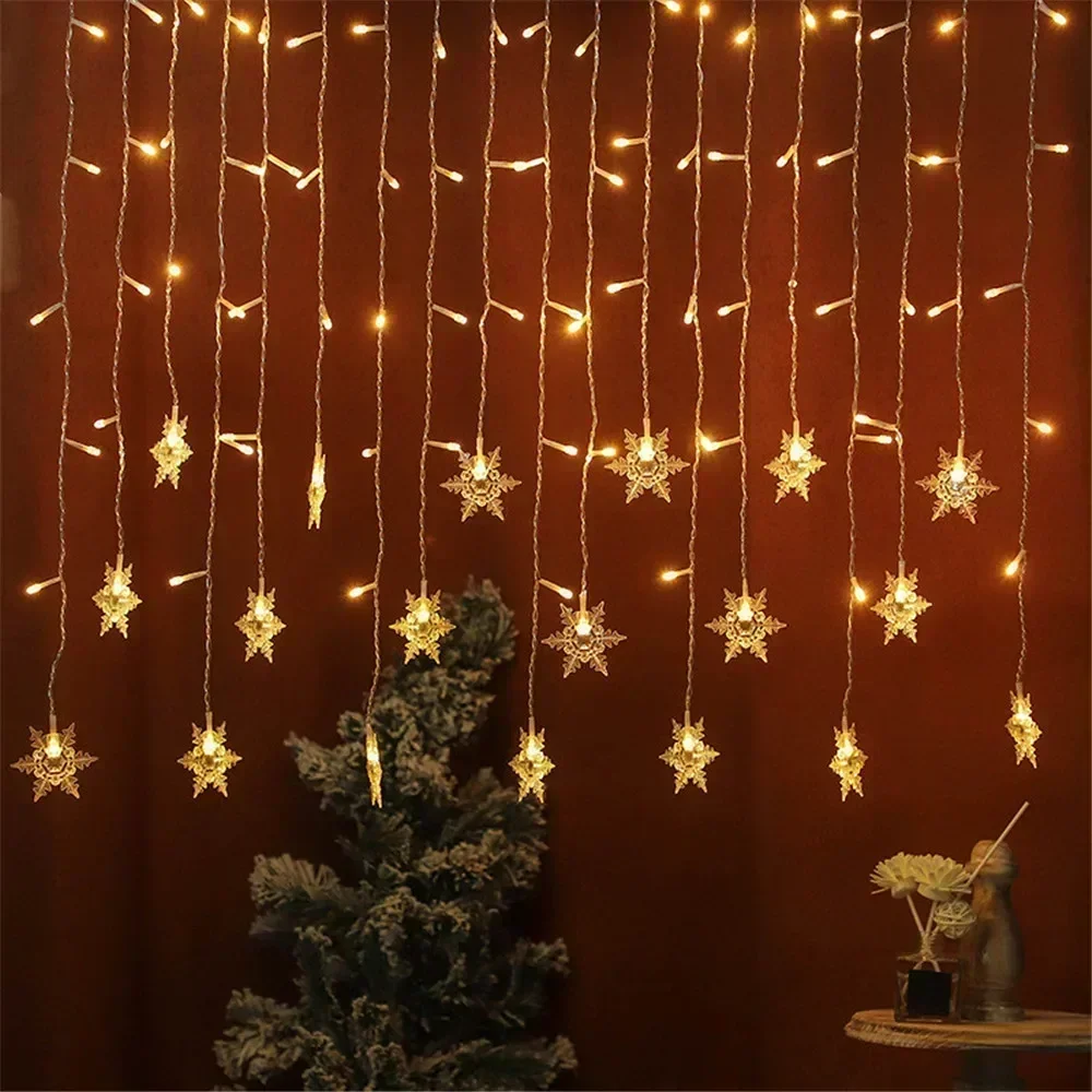 

Christmas Decorations 2024 Snowflake Window Curtain Garlands Led Icicle Lights Flashing 8 Modes EU-Plug New Year 2025