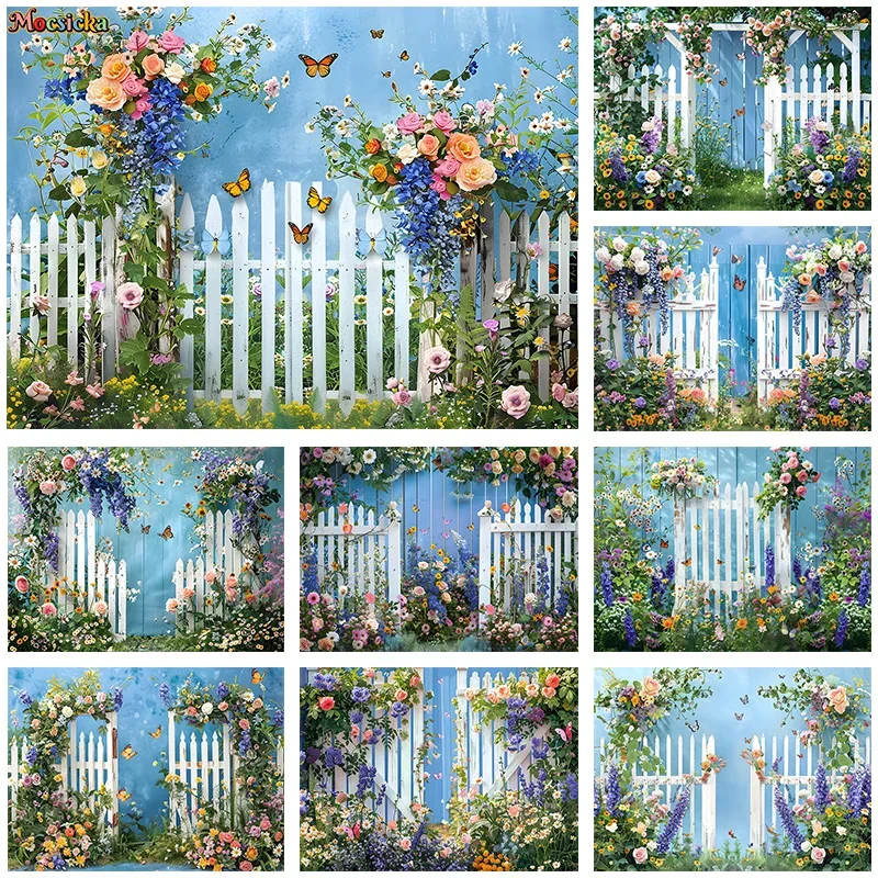 

Mocsicka Spring Photography Backdrop Happy Birthday Party Floral Fence Butterfly Background Cake Smash Portrait Photo Banner