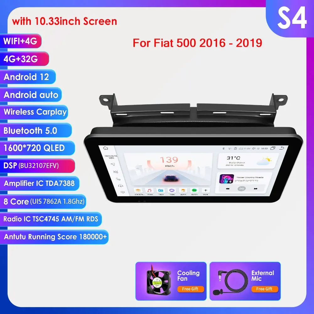 Hizpo 9 ''Draadloze Carplay Android Auto Auto Multimedia Speler Voor Fiat 500 2016 2017 2018 2019 Carplay 4G Autoradio 360 ° Camera