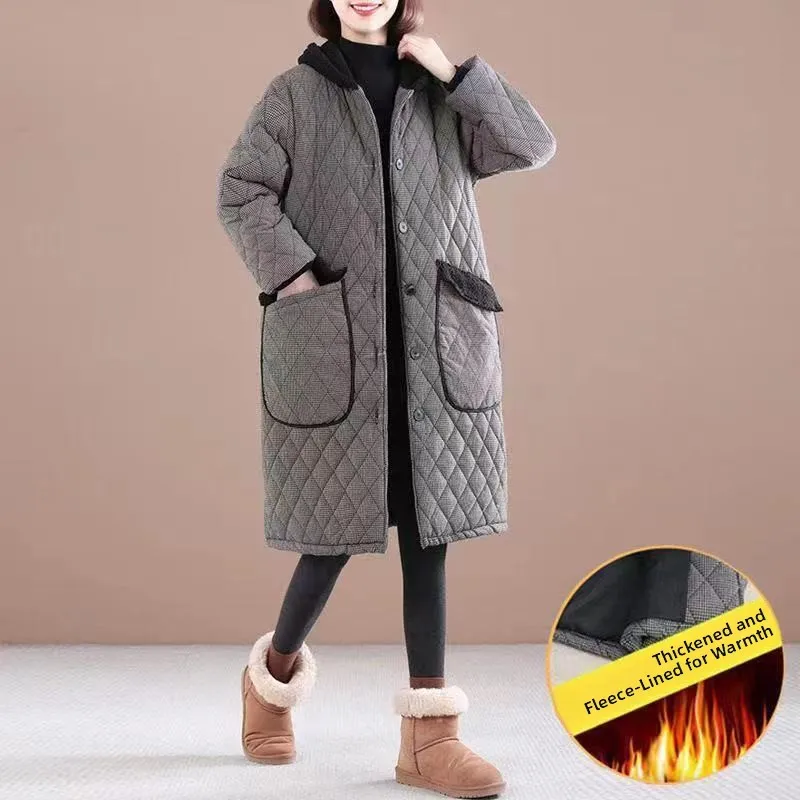 Thiened Warme Baumwolle Jaet Frauen Winter Neue Lose Große Größe Casual Druck Polyester Faser Gefüllt Mantel Mit Kapuze Mid-Länge