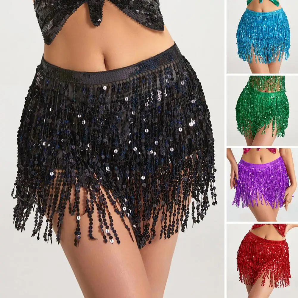 Belly Dance Skirt Sequin Tassel Waist Hip Scarf Tie Up Thin Skirt Mesh Festivel Stage Performance Cosplay Mini Skirt Apron Wrap