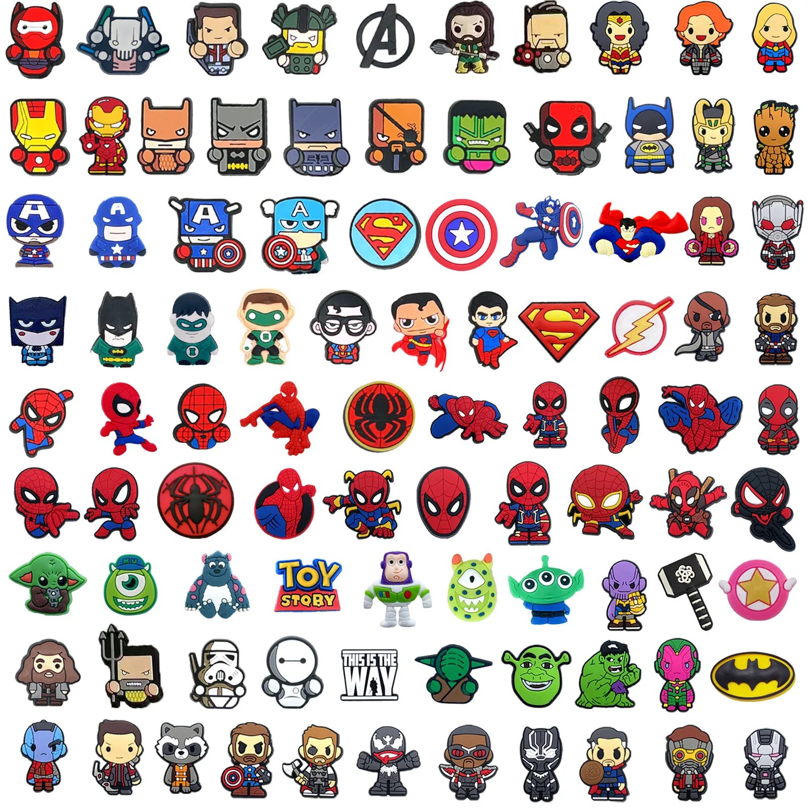 Breloques de chaussures de la série MINISO Marvel, 10 à 50 pièces, pour porte-clés, sandales, sacs de plage, bricolage, accessoires de décoration de chaussures, épingles à chaussures