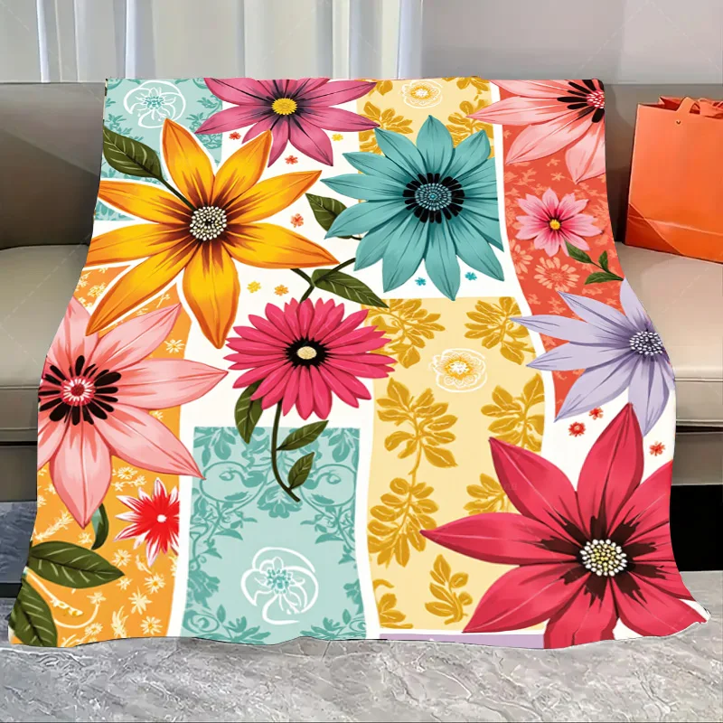

1pc Flannel Blanket Vibrant Floral Patchwork Blanket for Cozy Living Room Decor