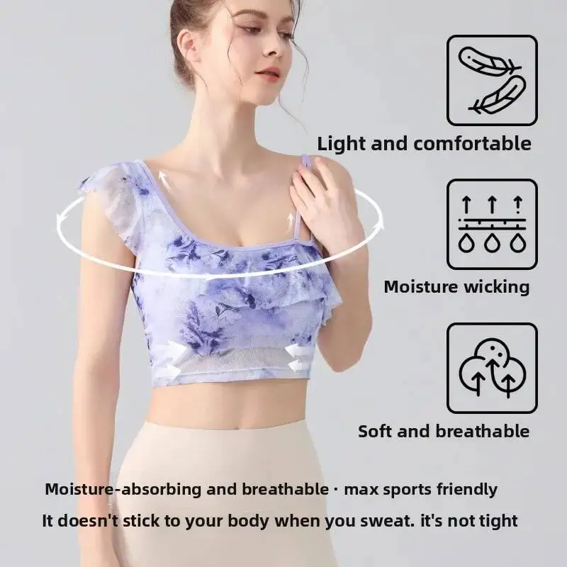 

Sexy Ruffled Sports Bra Single Shoulder Strap Mesh Quick Drying Slimming Vest With Chest Cushion Sloping Shoulders
