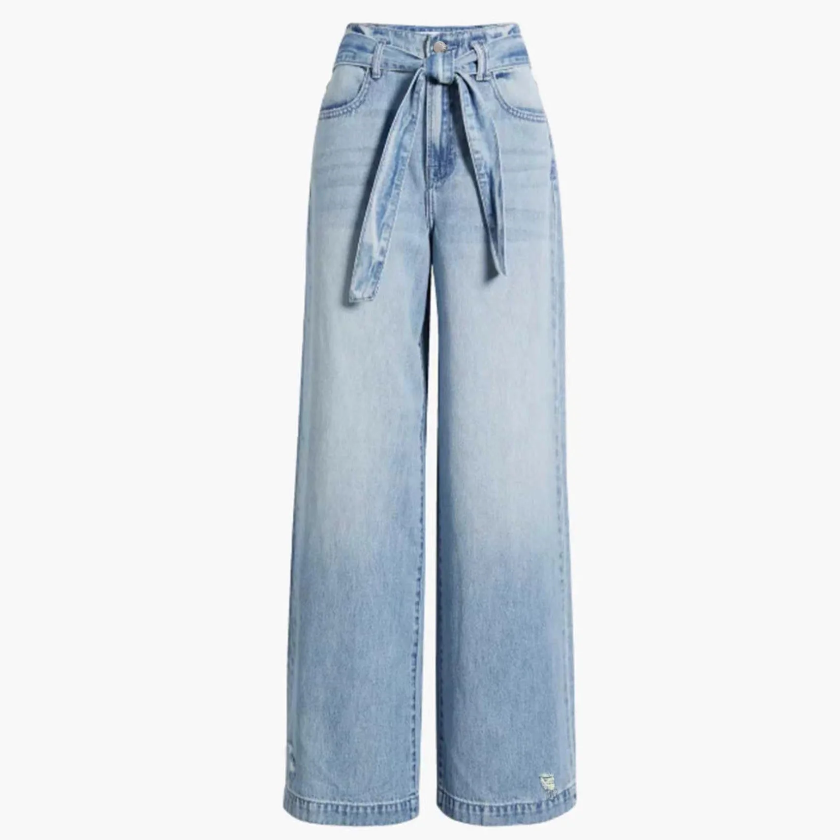 Light Blue Elastic ripped Jeans Lace Up Bow Women Versatile Straight Leg Denim Pants Temperament Low rise Solid Trousers
