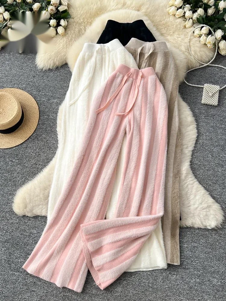 

Autumn Fuzzy Loungewear Knitted Pant Loose Stretch High Waist Drawstring Comfortable Lazy Women Slim Wide Leg Trousers