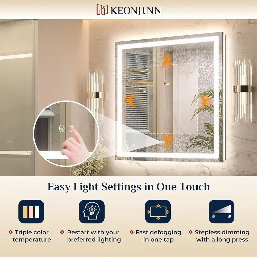 Illuminated Bathroom Mirror LED Frontlit Backlit 3-Color Dimmable High Brightness Energy Efficient Waterproof Smart Wall Mirror