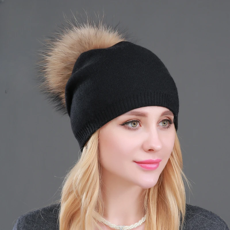 

Autumn Winter Knitted Wool Hats For Women Fashion Pompon Beanies Fur Hat Female Warm Caps With Natural Genuine Raccoon Fur Cap