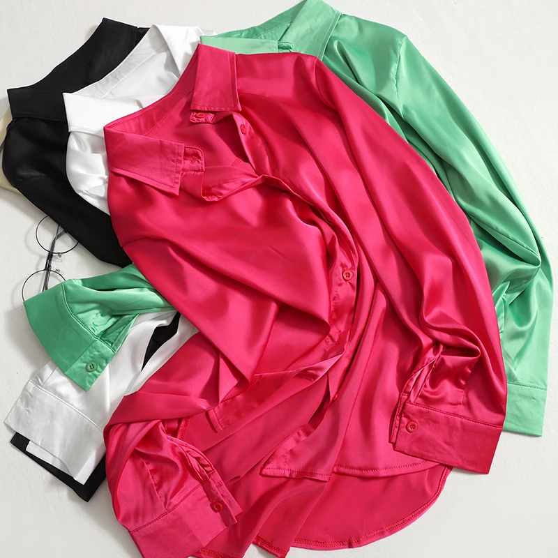 Bright Satin Shirt Women Solid Color Long Sleeve Silk Chiffon Shirt Lapel Loose Korean Shirt Spring Autumn New Style