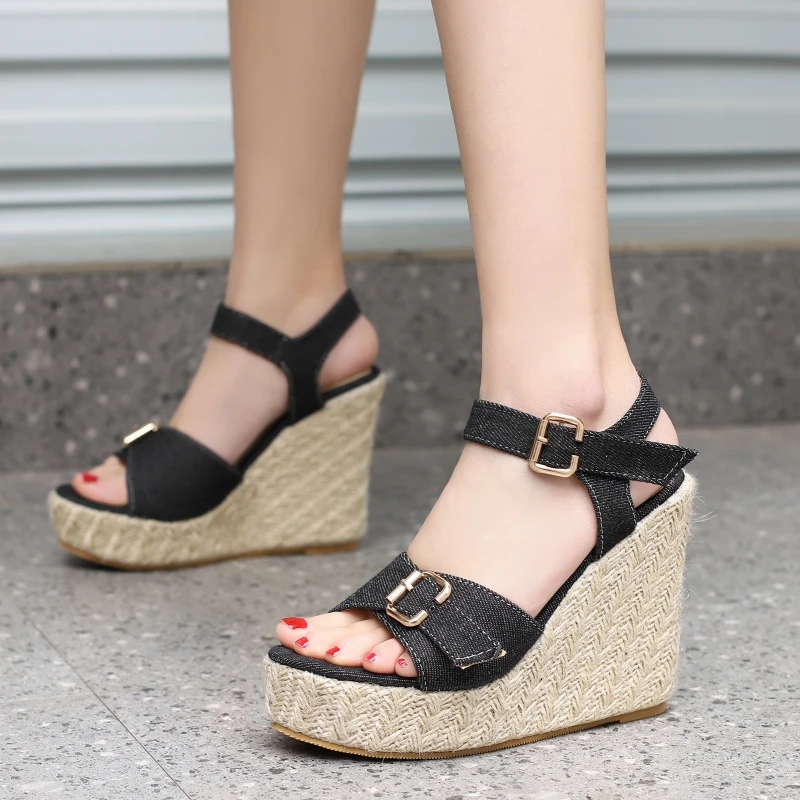 Knitted Women\'s Sandals Platform High Heels Wedge Summer Shoes For Women Gladiator Flip Flops Ladies Party Shoes Large Size 45