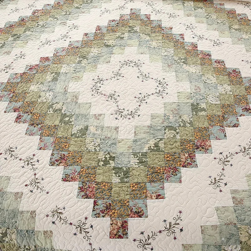 100% Cotton Patchwork Embroidered Quilted Bedspread 3PCS Bedding Set, Lightweight Summer Cool Comforter, Minimalist Design Quilt