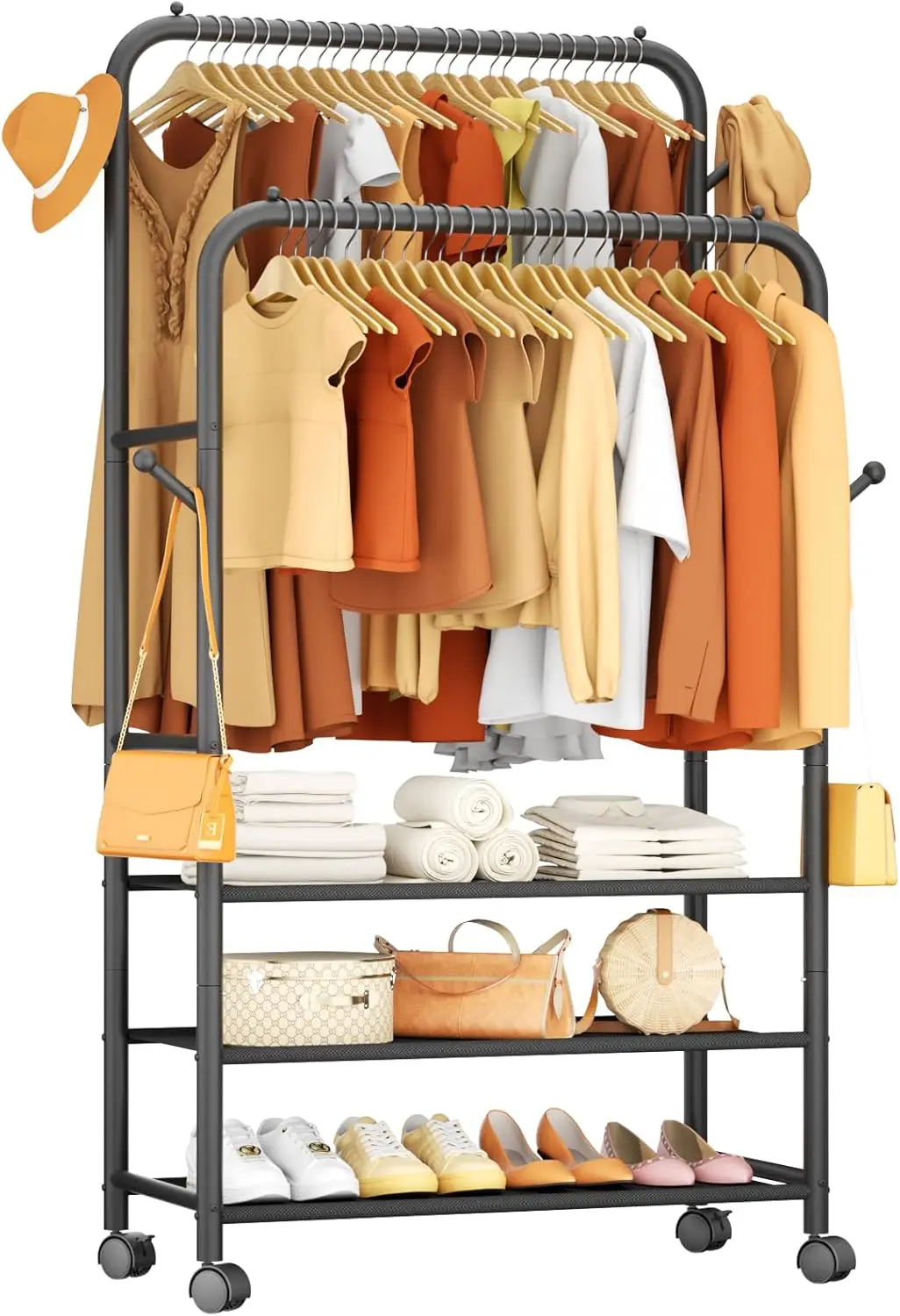 

Portable Rolling Garment Rack with Wheels, Double Rods and Adjustable Shelves for Bedroom, Laundry, Living Room