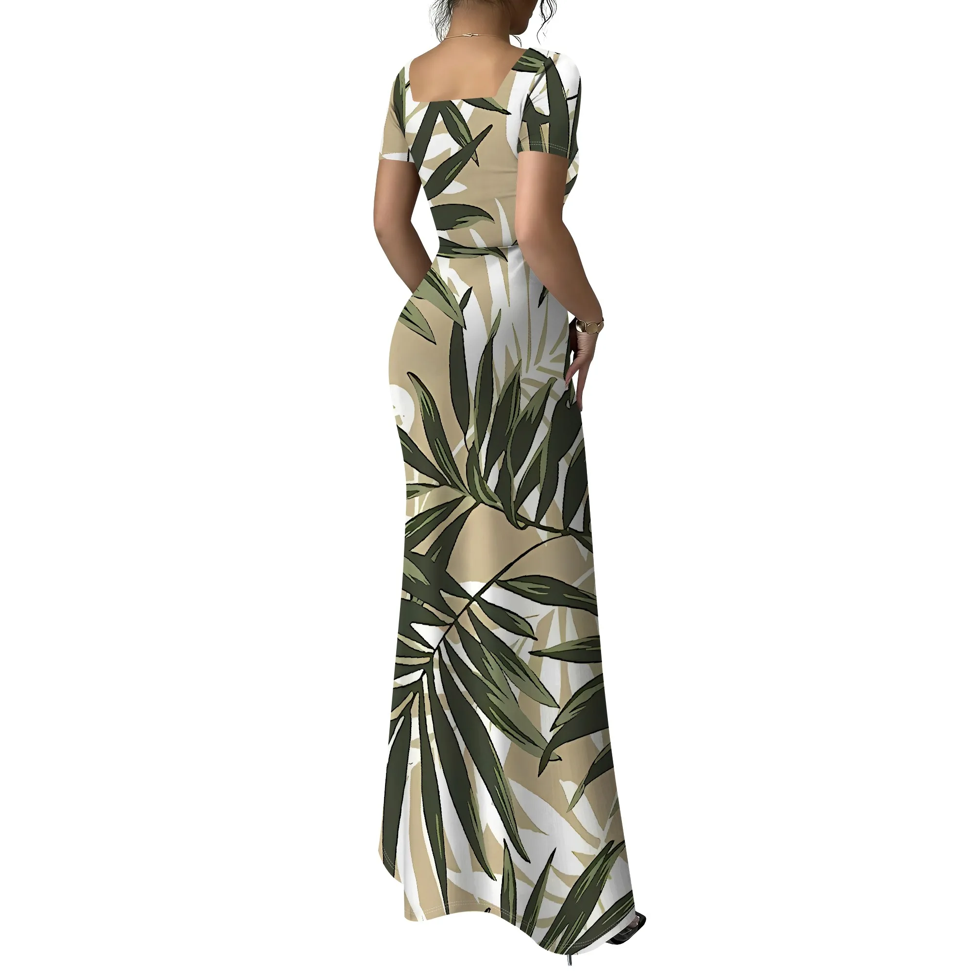 Nupusa Tropical Leaf Print Dress for Women Standard Size Summer Casual Square Neck Short Sleeve Maxi Dress