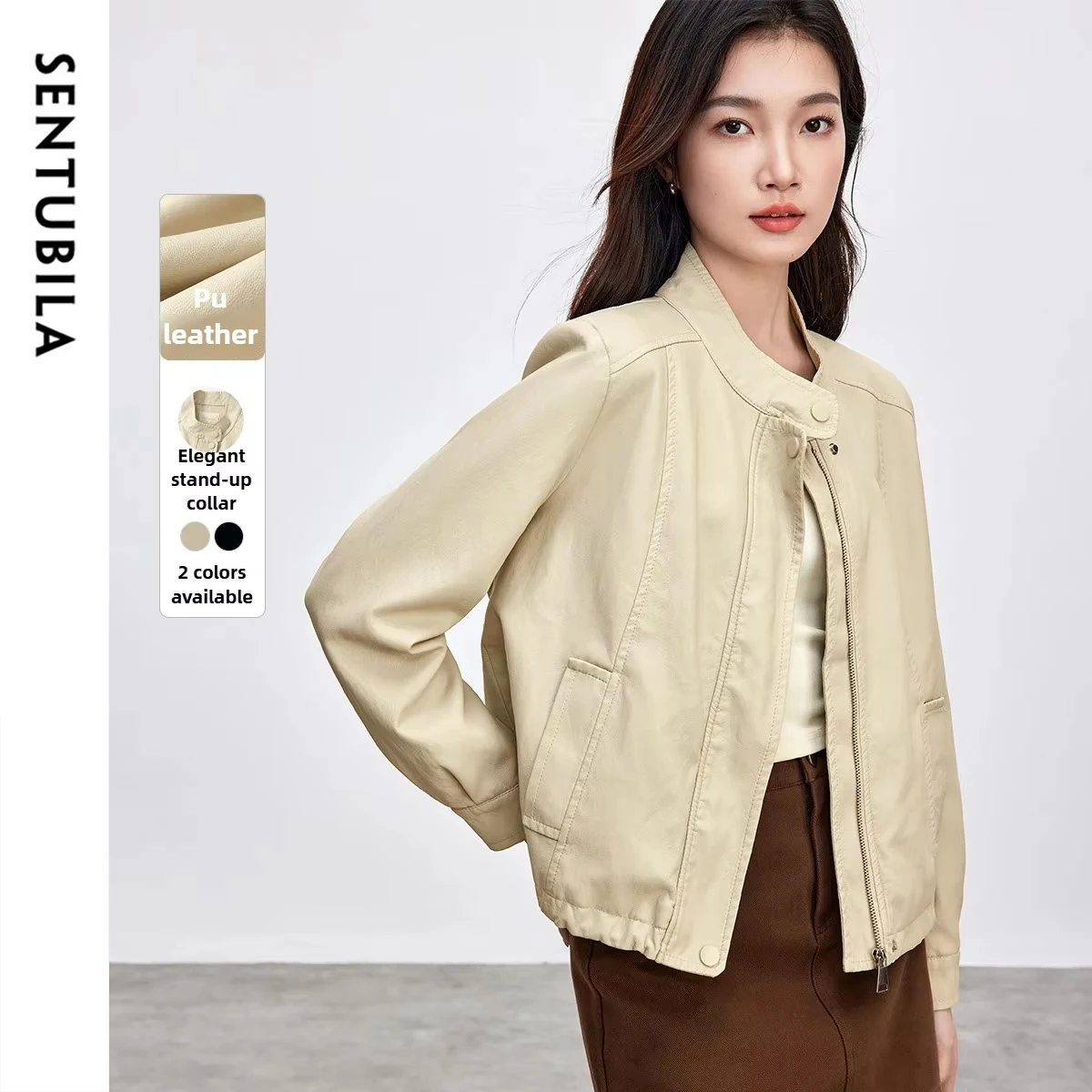 

SENTUBILA Women's Short PU Leather Jacket 2025 Autumn Stand Collar Drawstring Waist Zipper Front Urban Style Outwear W53GA3040