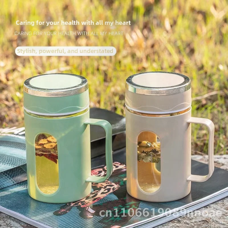 

Modern Simple Double Layer Glass Water Cup Large Capacity Transparent Heat Insulating Office Tea Cup with Handle Green Blue