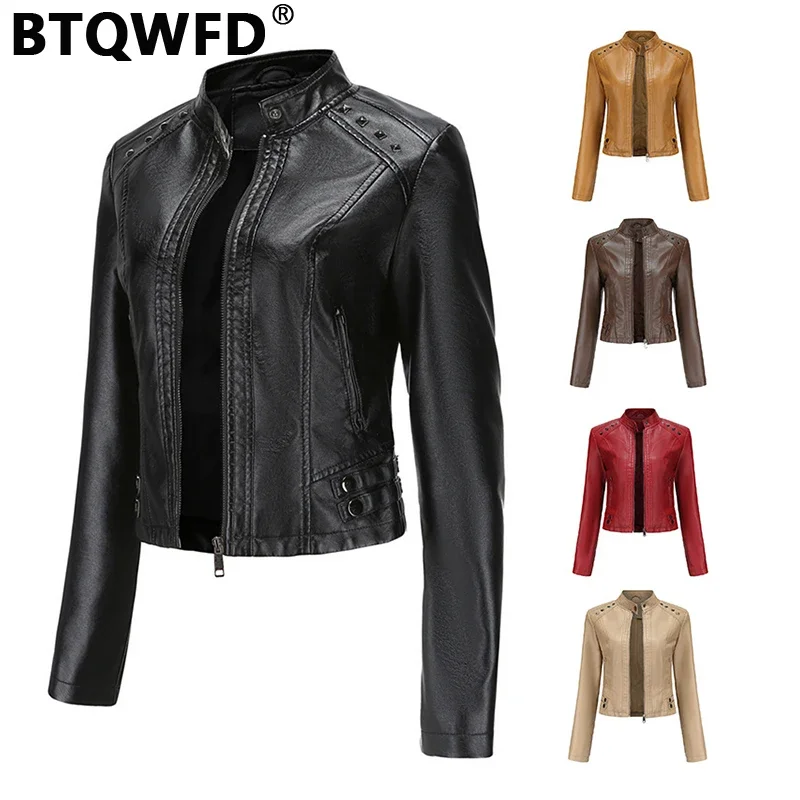 

BTQWFD Female Clothing Jackets Women's Rivet Stand Collar Zipper Coats 2024 New PU Leather Motor Biker Tops Autumn Spring Ladies