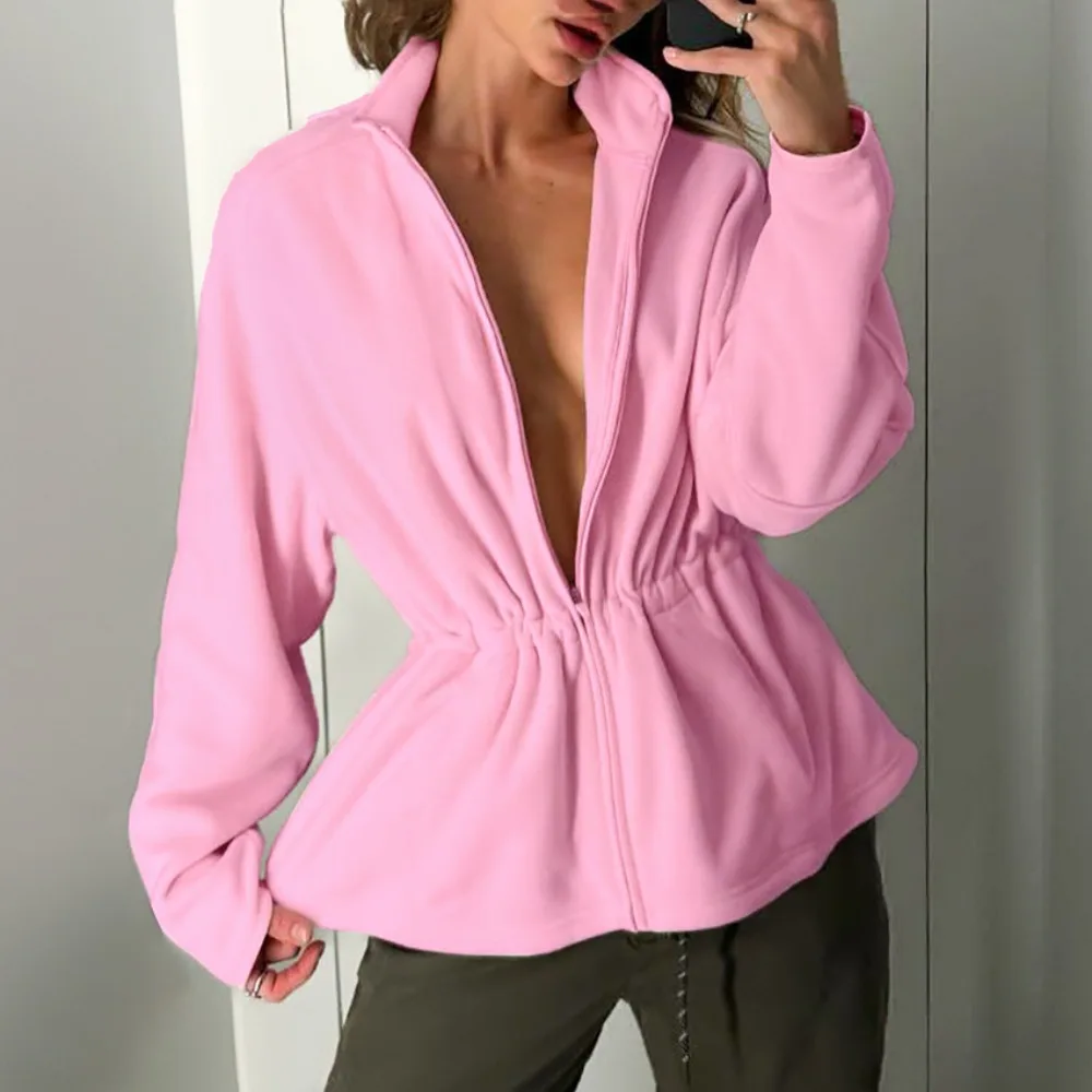 Autumn and Winter Women Drawstring Pleated Zipper Jacket Sweet Lazy Style Windproof Warm Soft Campus Date Travel Leisure Jacket