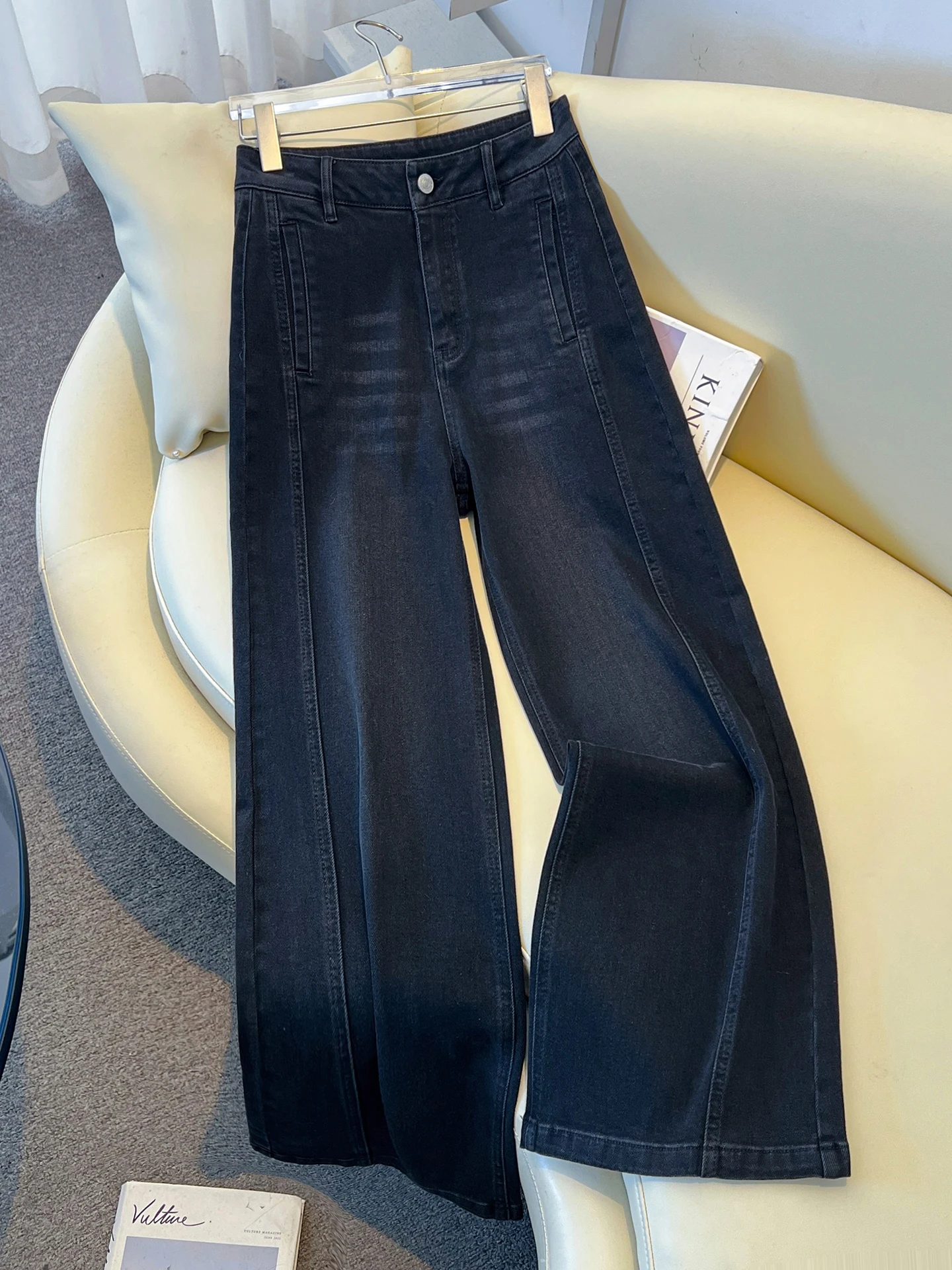 

Женские джинсы с высокой талией, широкими штанинами и флисовой подкладкой, прямые брюки-клеш, повседневные, для весны, осени и зимы, утягивающие, длиной 7/8