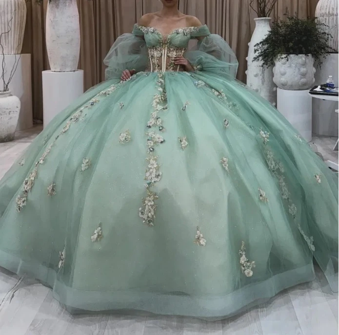 

Sparkly Sage Green Quinceanera Dress Lace-Up Off The Shoulder Beading Applique Tull Corset Sweet vestidos de 15 quinceañera