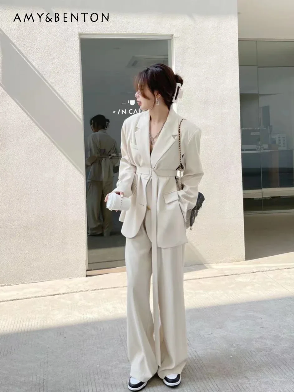 Commute Style Graceful Casual Suit Spring Autumn New Korean Fashion Lace-up Slim Coat Wide-Leg Pants 2 Piece Sets Womens Outfits