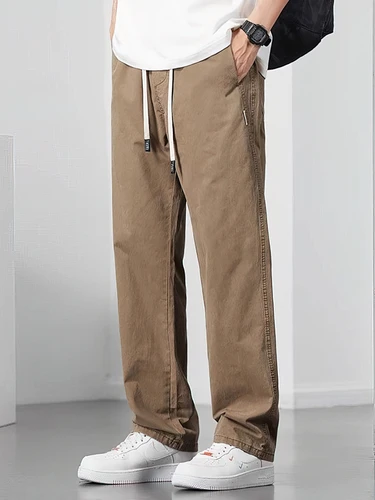 Imagen 2 del producto Pantalones Cargo informales rectos para hombre, pantalones de trabajo de negocios Cargo largos marrones de pierna ancha, pantalones de chándal holgados con cordón para hombre