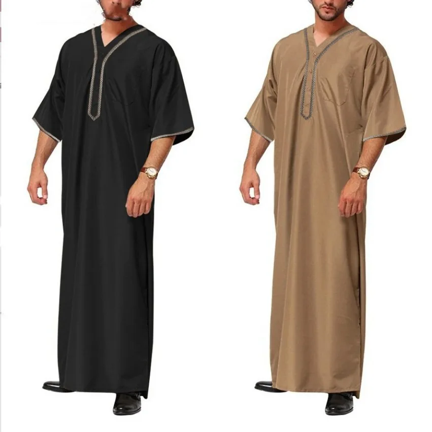 Robe vintage à manches courtes pour hommes, col rond, caftan musulman, arabe, islamique, saoudien, dubaï, arabe, robe de poche boutonnée, solide, été, 2024