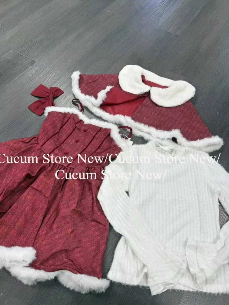 Christmas Red Vintage Suits Women Casual Cloak Coast + Sleeveless Mini Dress Faux Fur 3 Piece Dress Sets Evening Party Outfits