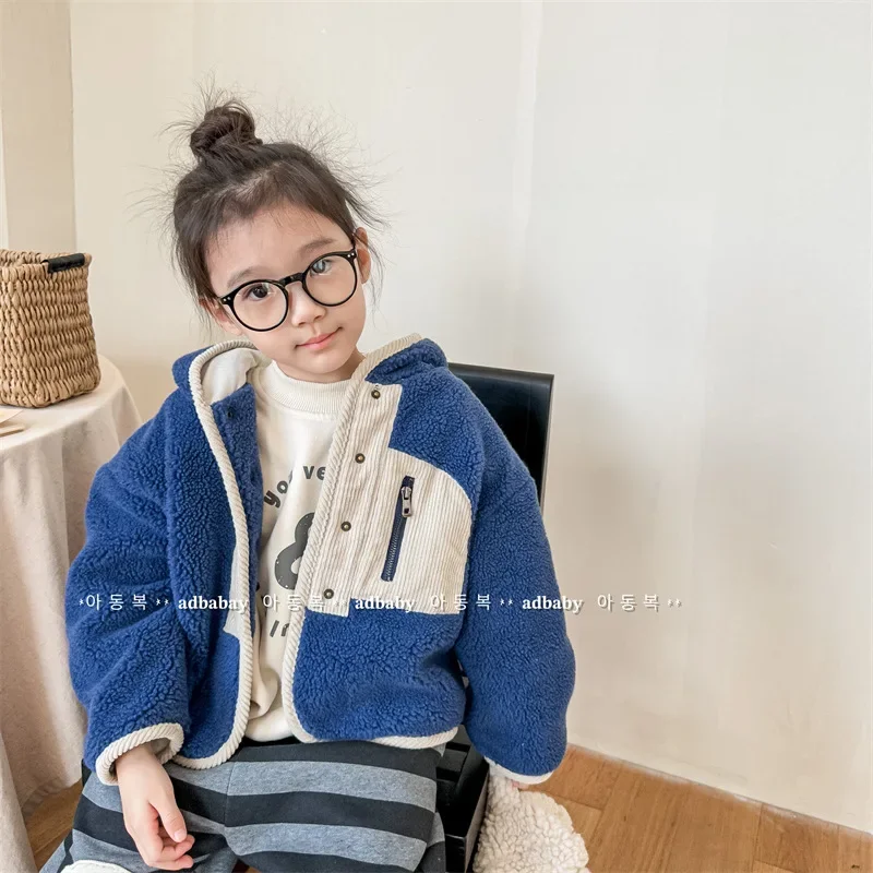 

Parkas Children Clothing Autumn Winter Korean Lamb Cashmere Girls Velvet Coat Cotton Zipper Button Splicing Hooded