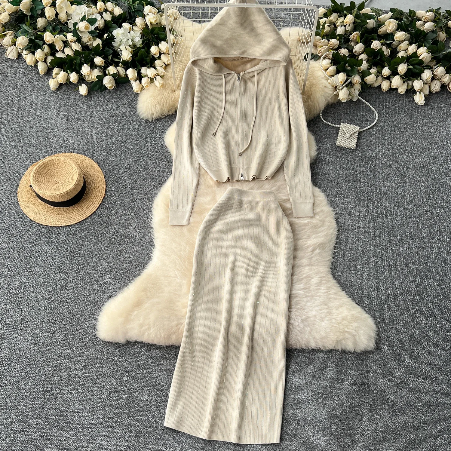 Sexy knit Pieces Sets High Waist rhinestone zipper Cardigan with skirt Women Vacation Summer knit Sets