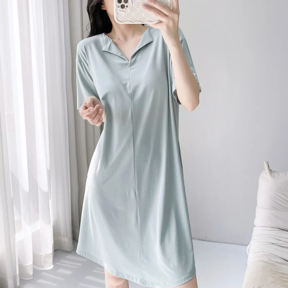 Elegant Chest Pad Short Sleeve Sleepwear Women's Nightgowns One Piece Pajamas Dress Solid Color Summer Thin Loungewear Female