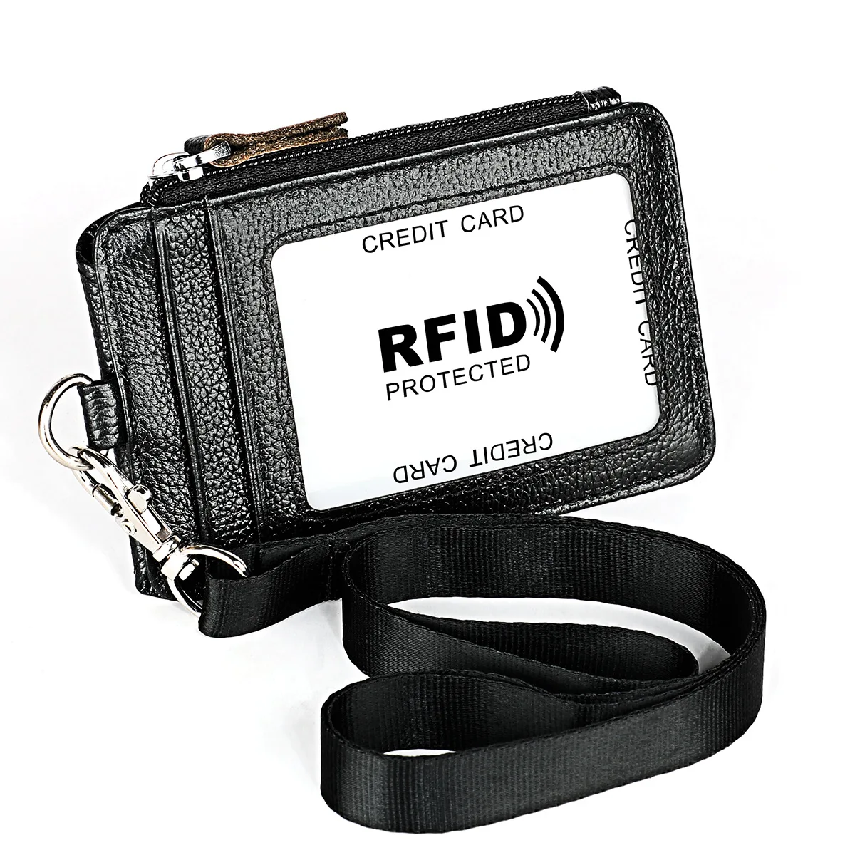 Porte-badge en cuir véritable avec lanière, nom d'entreprise, porte-étiquette de travail, d'identité du personnel, couverture de carte de crédit, porte-carte RFID, sac à main, poudres à fermeture éclair