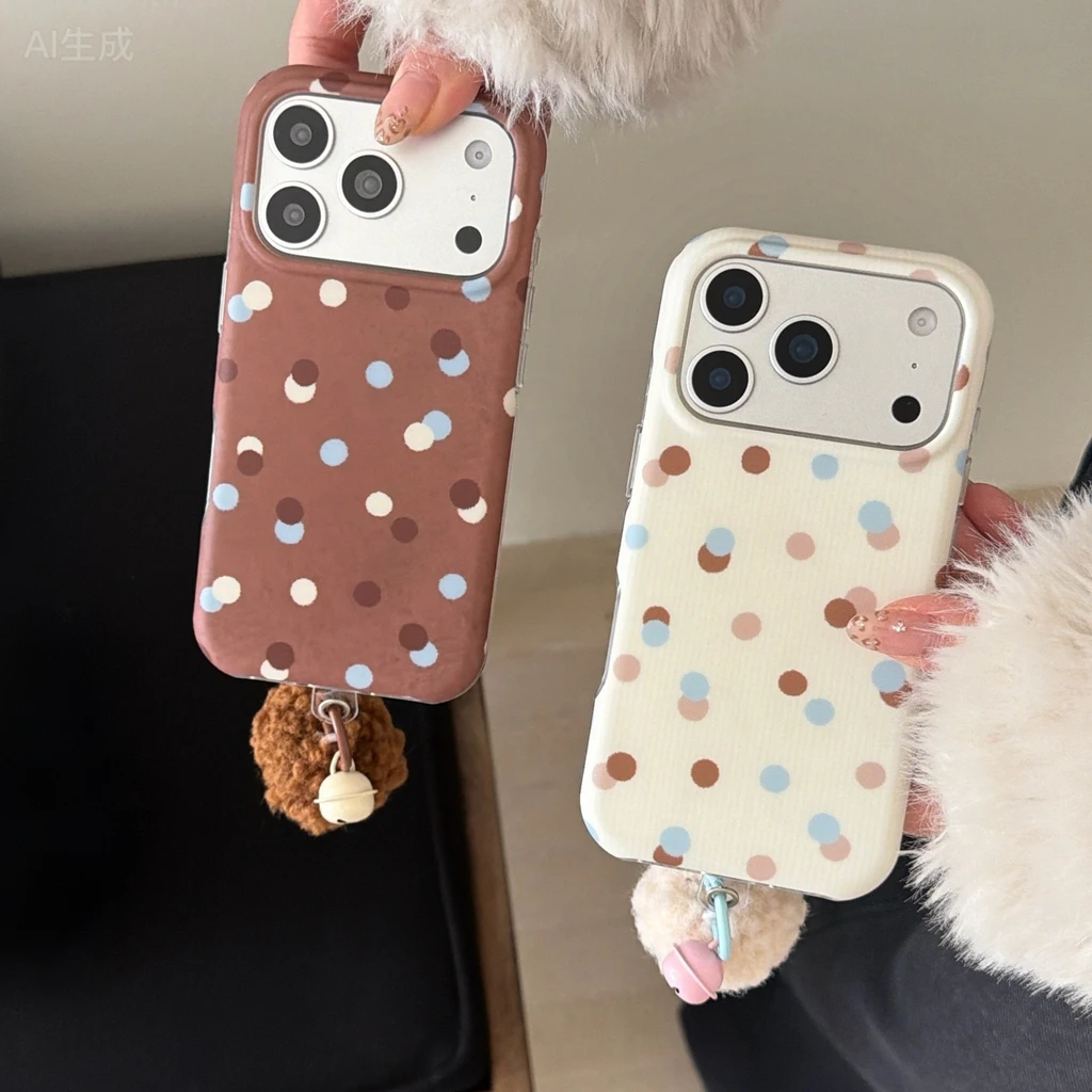 Stylish Sweet Mix And Match Color Collision Polka Dot With Plush Ball Bell Phone Cover Case for iPhone 17 16 15 14 Pro Max