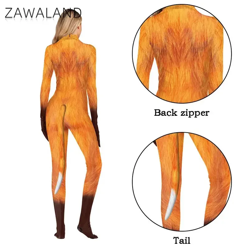 

CyZawaland Furry Petsuit Couple Fox Cosplay Costume with Tail Women Men Zentai Suit Crotch Zipper Jumpsuit Halloween Disguise We