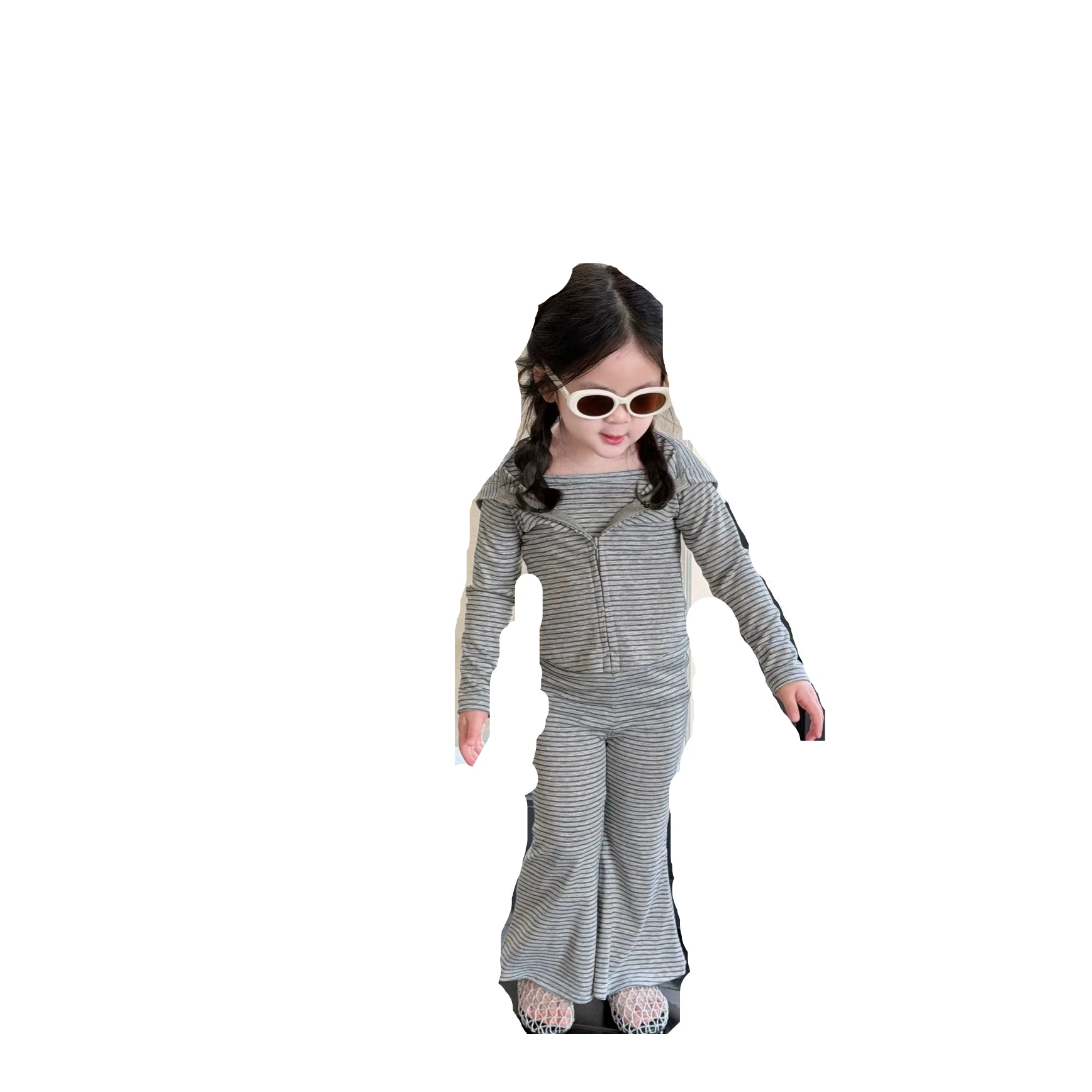 Suit 2026 Autumn New Korean Children Clothing Girls Striped Cardigan Jacket Micro Flared Pants Sports Three Piece Set