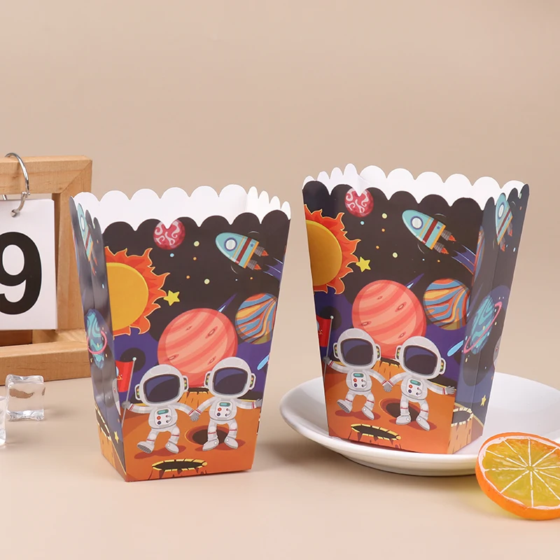 6Pcs Space Astronaut Rocket Popcorn Box Kids Happy Birthday Space Themed Party Favor Popcorn Treat Boxes Decoration