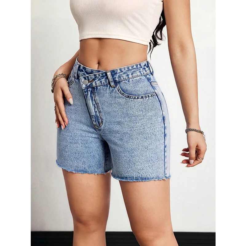 Benuynffy Asymmetrical Waist Raw Hem Tight Denim Shorts Women's Summer Retro Fashion Slim All Match Female Jean Shorts 2026 New view 3
