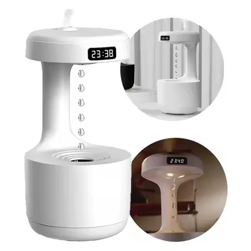 المحمولة بالموجات فوق الصوتية المضادة للجاذبية قطرة الماء المرطب الإبداعية قطرة الماء ارتجاعي LED عرض الوقت المرطب المنزلية