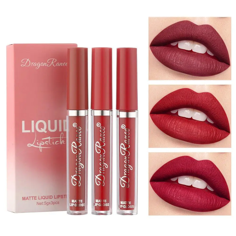 3 Colors Lip Glaze Set Velvet Matte Lip Gloss Waterproof Long Lasting Non Sticky Cup Natural Lip Tint Beauty Makeup Cosmetics